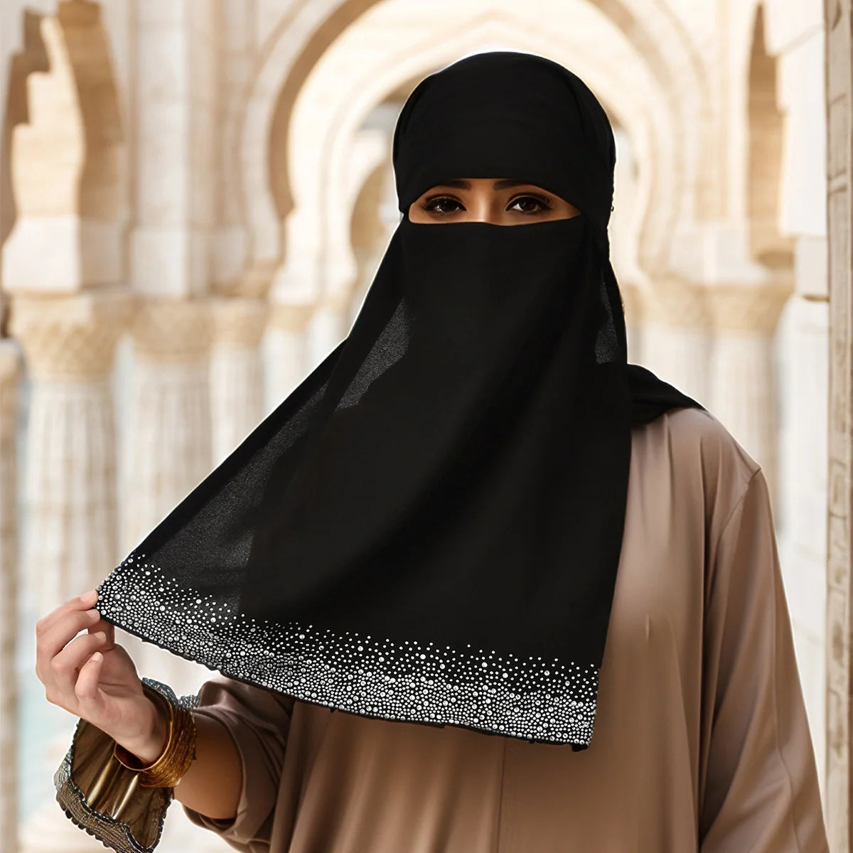 Muslimischer Chiffon-Niqab für Damen, schimmernde Strass-Dekoration, Gesichtsbedeckung, Premium-Chiffon, schwarzer Schleier, Ramadan-Gebets-Hijab