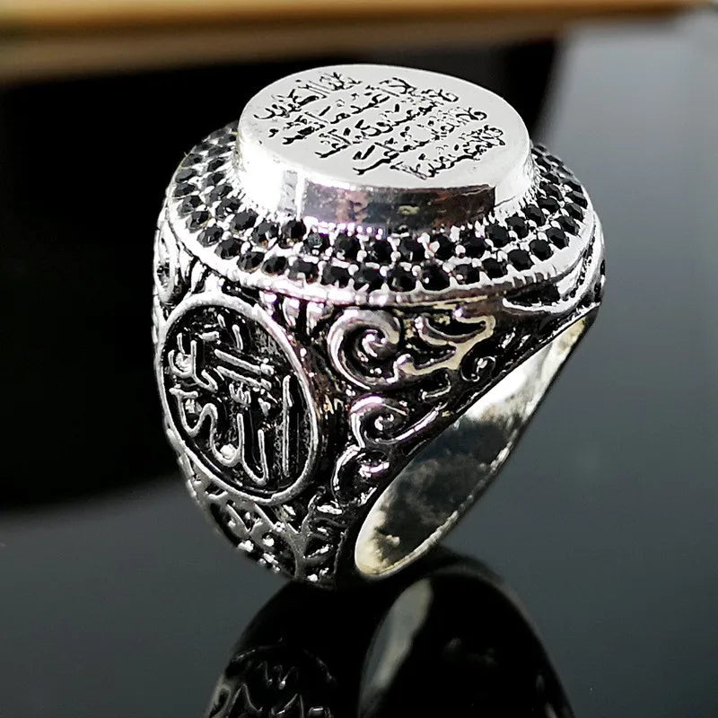 Retro Style Ancient Silver Color Inlaid with Multicolored Black Zircon Islamic Scripture Ring Men's Mysterious Domineering Ring