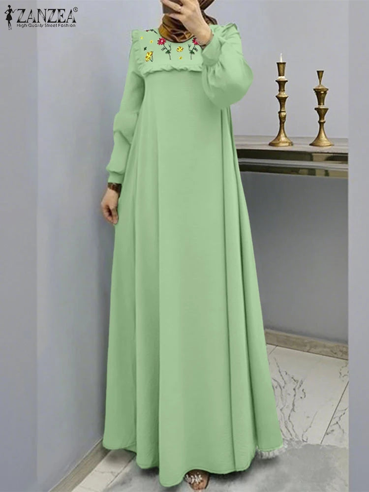 Muslim Hijab O-Ausschnitt Abaya Robe Elegante Rüschenbesatz Langarm Blumenstickerei Maxikleider Frau Bescheidener Stil
