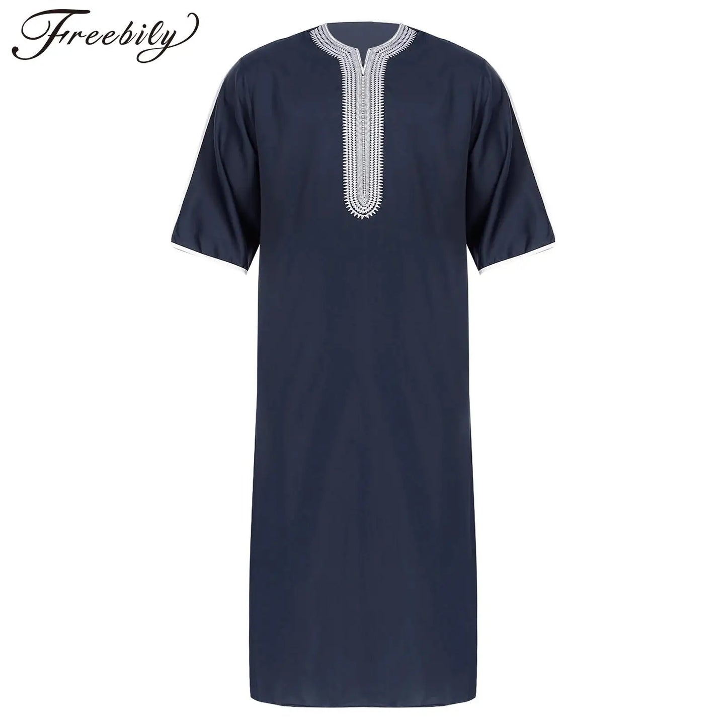 Herren Islamische Abaya Muslim Robe Halbarm Bestickt Locker Atmungsaktiv Lässig Arabisches Kaftan Kleid für Ramadan Tägliche Heimkleidung