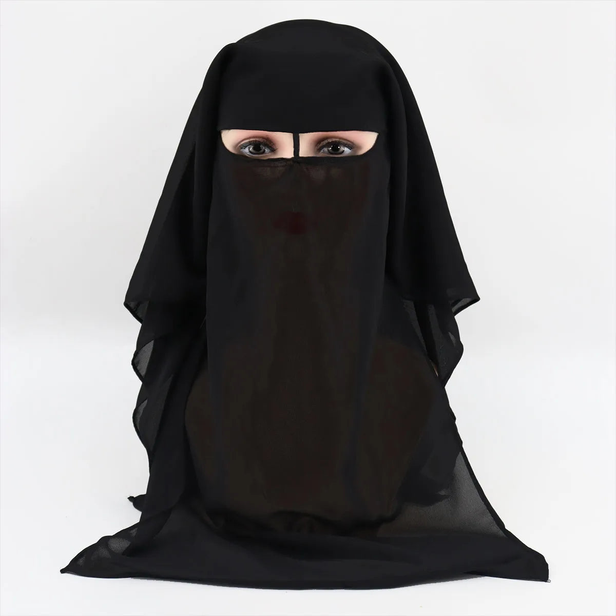 Niqab Dreilagiger Chiffon-Niqab zum Zurückbinden, Gesichtsmaske, vollständige Abdeckung, muslimischer Hijab-Schal, Kopftuch, Turban, Mütze