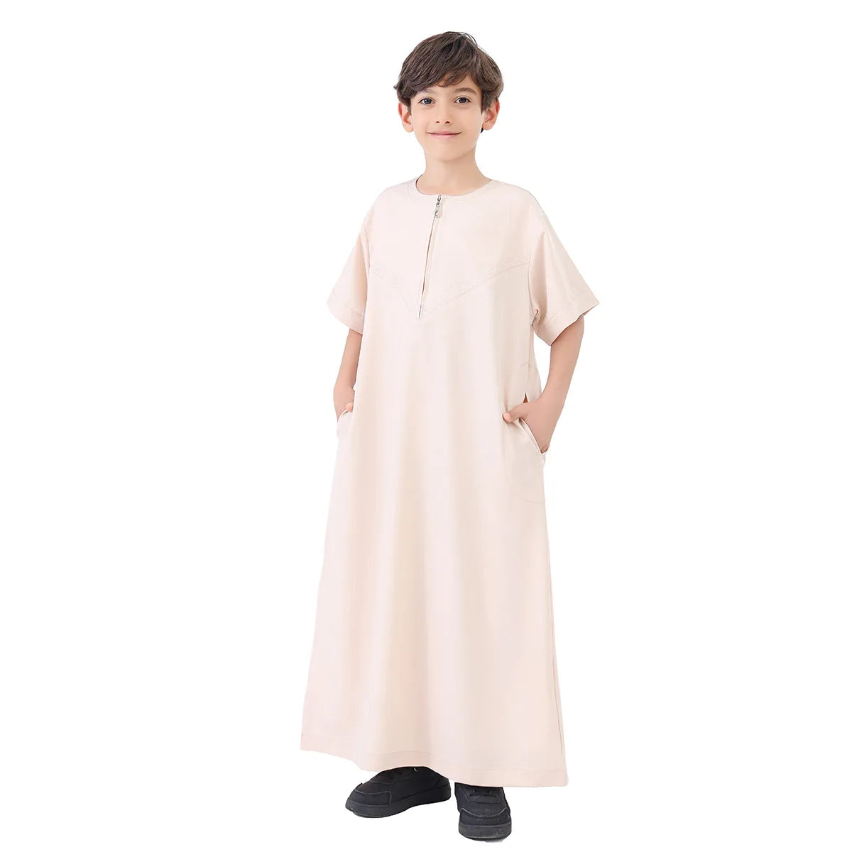 Abaya Junge Thobe Kinderkleid Eid Muslim Lange Robe Reißverschluss Kurzarm Kaftan