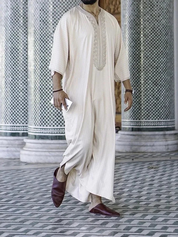 Herren Kurzarm Kaftan Arabischer Stehkragen Muslimischer Rundhalsausschnitt Arabische Robe Islamische Robe Muslimische AbayaKleidung M-4XL