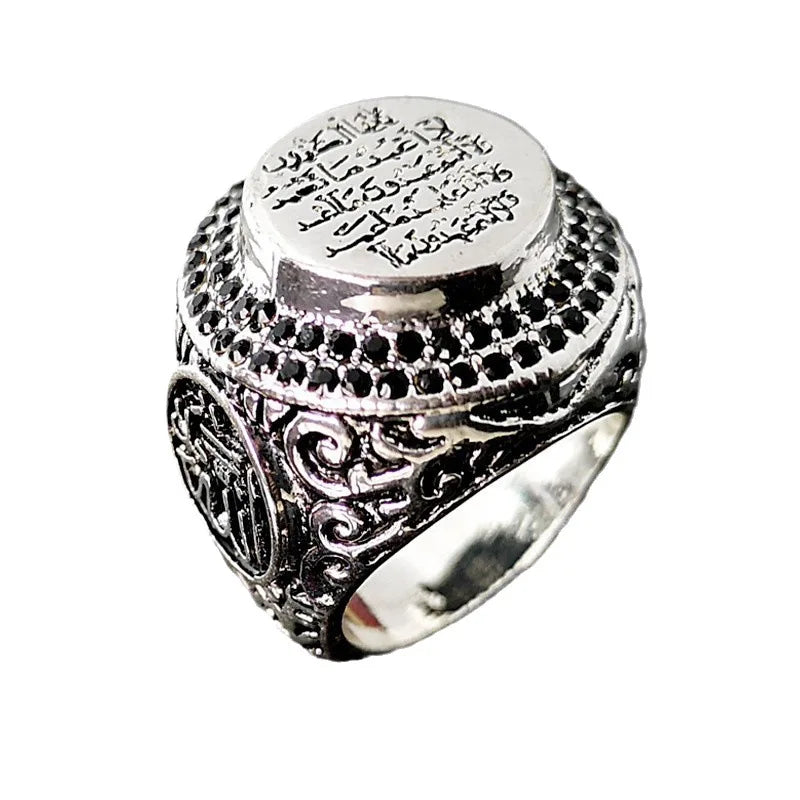 Retro Style Ancient Silver Color Inlaid with Multicolored Black Zircon Islamic Scripture Ring Men's Mysterious Domineering Ring