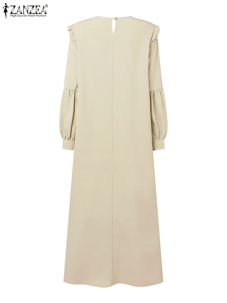 Muslim Hijab O-Ausschnitt Abaya Robe Elegante Rüschenbesatz Langarm Blumenstickerei Maxikleider Frau Bescheidener Stil
