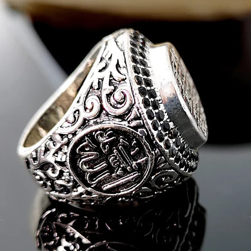 Retro Style Ancient Silver Color Inlaid with Multicolored Black Zircon Islamic Scripture Ring Men's Mysterious Domineering Ring