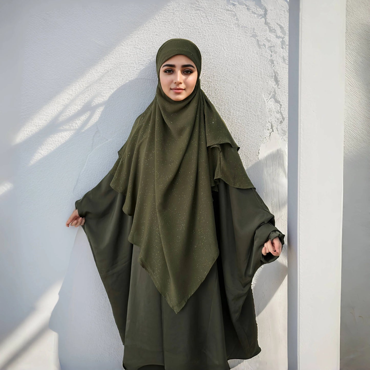 Khimar Neues Design, Glitzer, muslimisches Gebetshijab für Frauen, leichtes Polyester-Tschador, 2 Schichten, fließender Lady Khimar