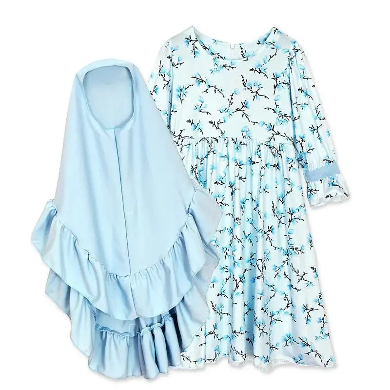 Abaya und Hijab 2teilig für Kinder und Mädchen, muslimisches Blumengebetkleid, Kopftuch, islamisches Gewand, Khimar-Set