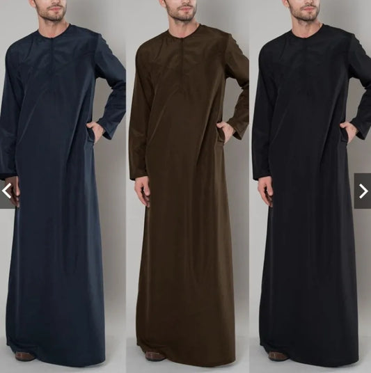 Jalabia Abaya Muslimische Robe für Herren, islamisches lockeres Robe-Reißverschlusshemd, einfarbig, Rundhalsausschnitt