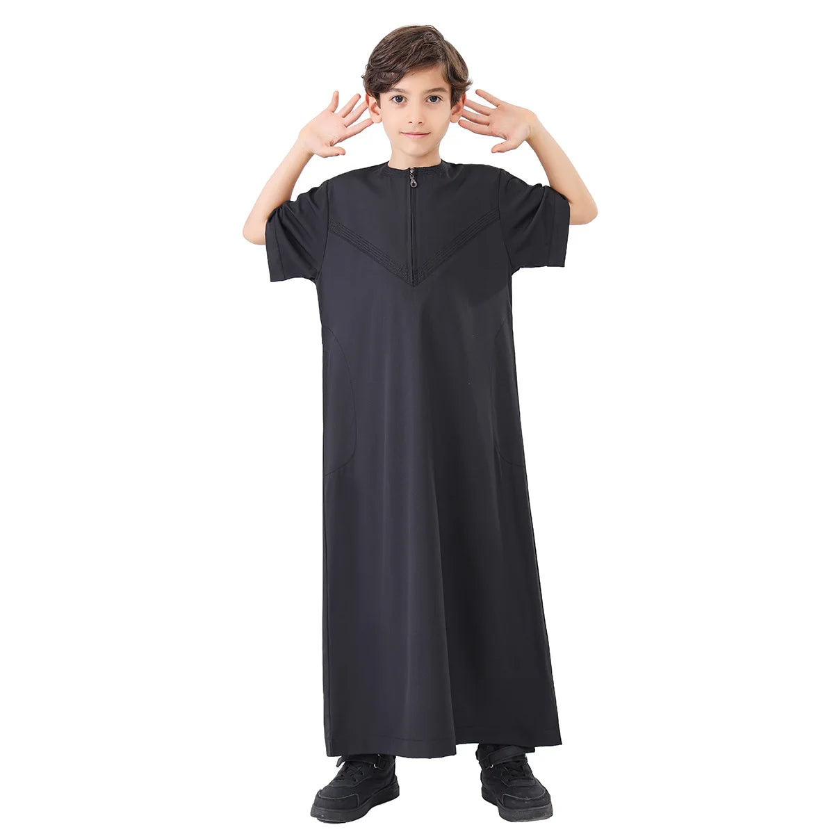 Abaya Junge Thobe Kinderkleid Eid Muslim Lange Robe Reißverschluss Kurzarm  Kaftan