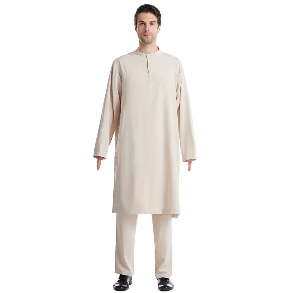 Männer Tops Hosen 2 Stück Set Jubba Thobe Muslim Kleid Islam Kleidung Abaya Kaftan