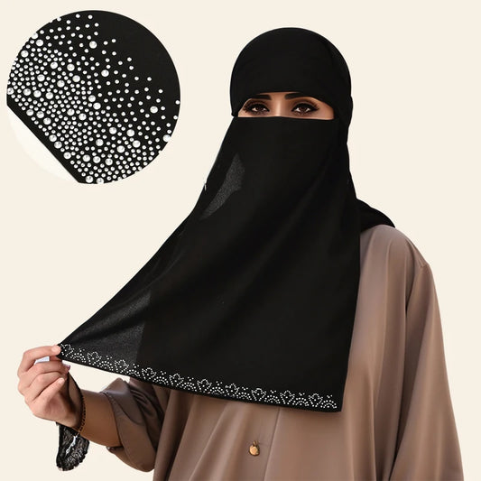 Muslimischer Chiffon-Niqab für Damen, schimmernde Strass-Dekoration, Gesichtsbedeckung, Premium-Chiffon, schwarzer Schleier, Ramadan-Gebets-Hijab