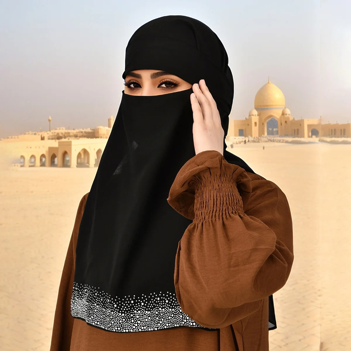 Muslimischer Chiffon-Niqab für Damen, schimmernde Strass-Dekoration, Gesichtsbedeckung, Premium-Chiffon, schwarzer Schleier, Ramadan-Gebets-Hijab