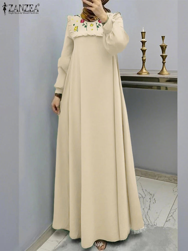 Muslim Hijab O-Ausschnitt Abaya Robe Elegante Rüschenbesatz Langarm Blumenstickerei Maxikleider Frau Bescheidener Stil