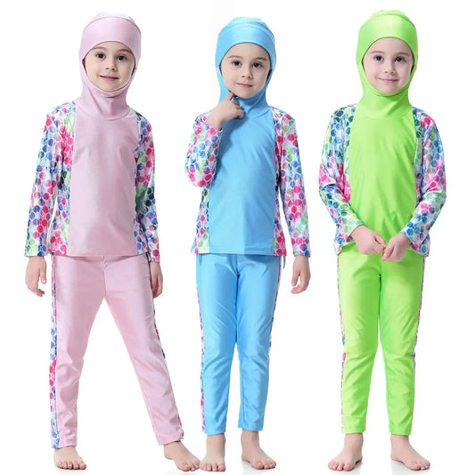 Burkini Muslimischen Mädchen Kinder Bademode Modest 2 stücke Set Badeanzug Mit Kapuze Top Hosen Seite Druck Rosa Grün Blau 80-160 cm
