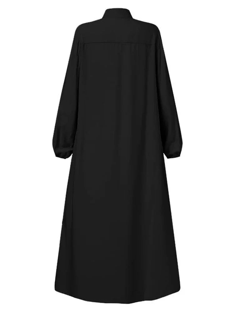 Muslimisches schwarzes Kleid mit kleinem Stehkragen und Reißverschlusstasche im eleganten, lockeren und lässigen Langarmrock