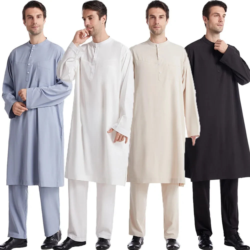 Männer Tops Hosen 2 Stück Set Jubba Thobe Muslim Kleid Islam Kleidung Abaya Kaftan