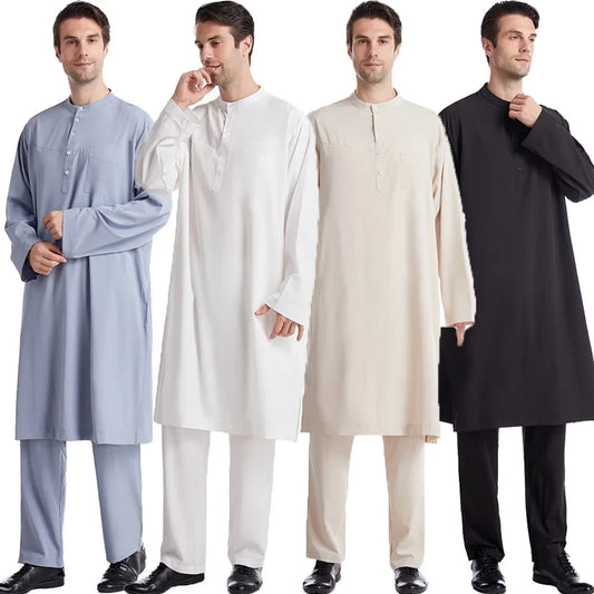 Männer Tops Hosen 2 Stück Set Jubba Thobe Muslim Kleid Islam Kleidung Abaya Kaftan