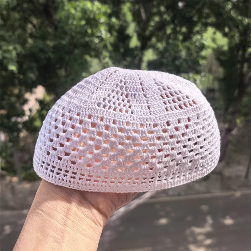 Handgemachte Gebetsmütze mit Haken, muslimischer gestrickter Kufi-Hut,  gehäkelt, handgefertigt, islamische Ramadan-Gebetsmütze