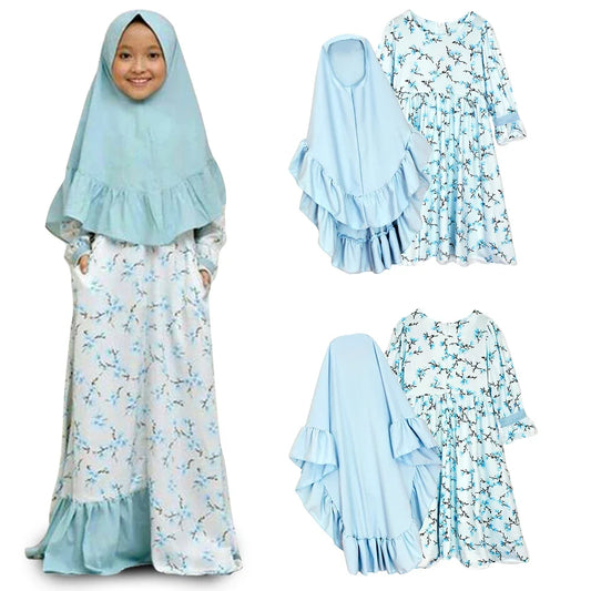 Abaya und Hijab 2teilig für Kinder und Mädchen, muslimisches Blumengebetkleid, Kopftuch, islamisches Gewand,  Khimar-Set