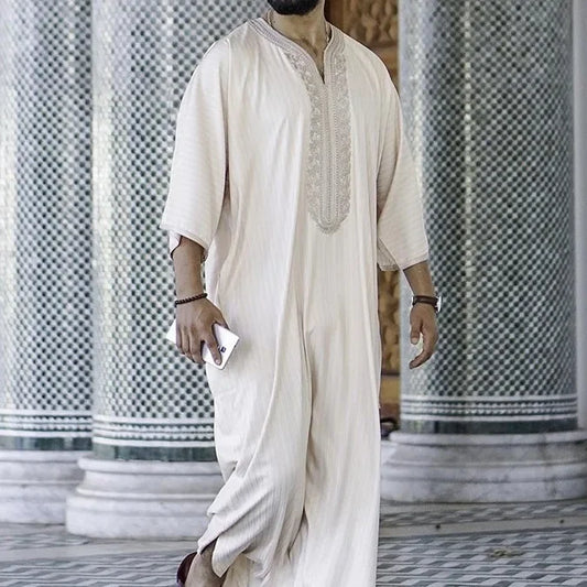 Herren Kurzarm Kaftan Arabischer Stehkragen Muslimischer Rundhalsausschnitt Arabische Robe Islamische Robe Muslimische AbayaKleidung M-4XL