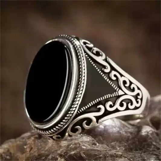 Ring Herren Handgefertigter schwarzer Zirkonsteinring Antiker silberner Farbmusterring Islamischer religiöser muslimischer Schmuck