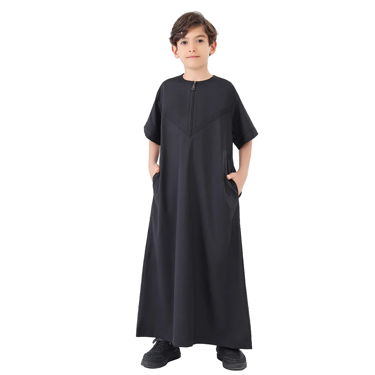 Abaya Junge Thobe Kinderkleid Eid Muslim Lange Robe Reißverschluss Kurzarm  Kaftan