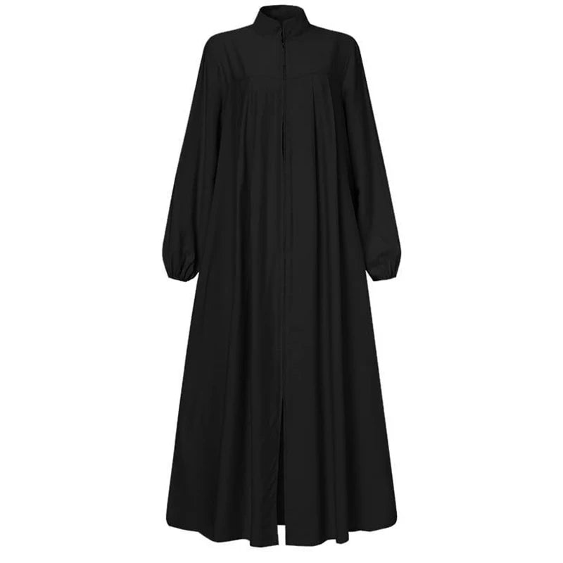 Muslimisches schwarzes Kleid mit kleinem Stehkragen und Reißverschlusstasche im eleganten, lockeren und lässigen Langarmrock