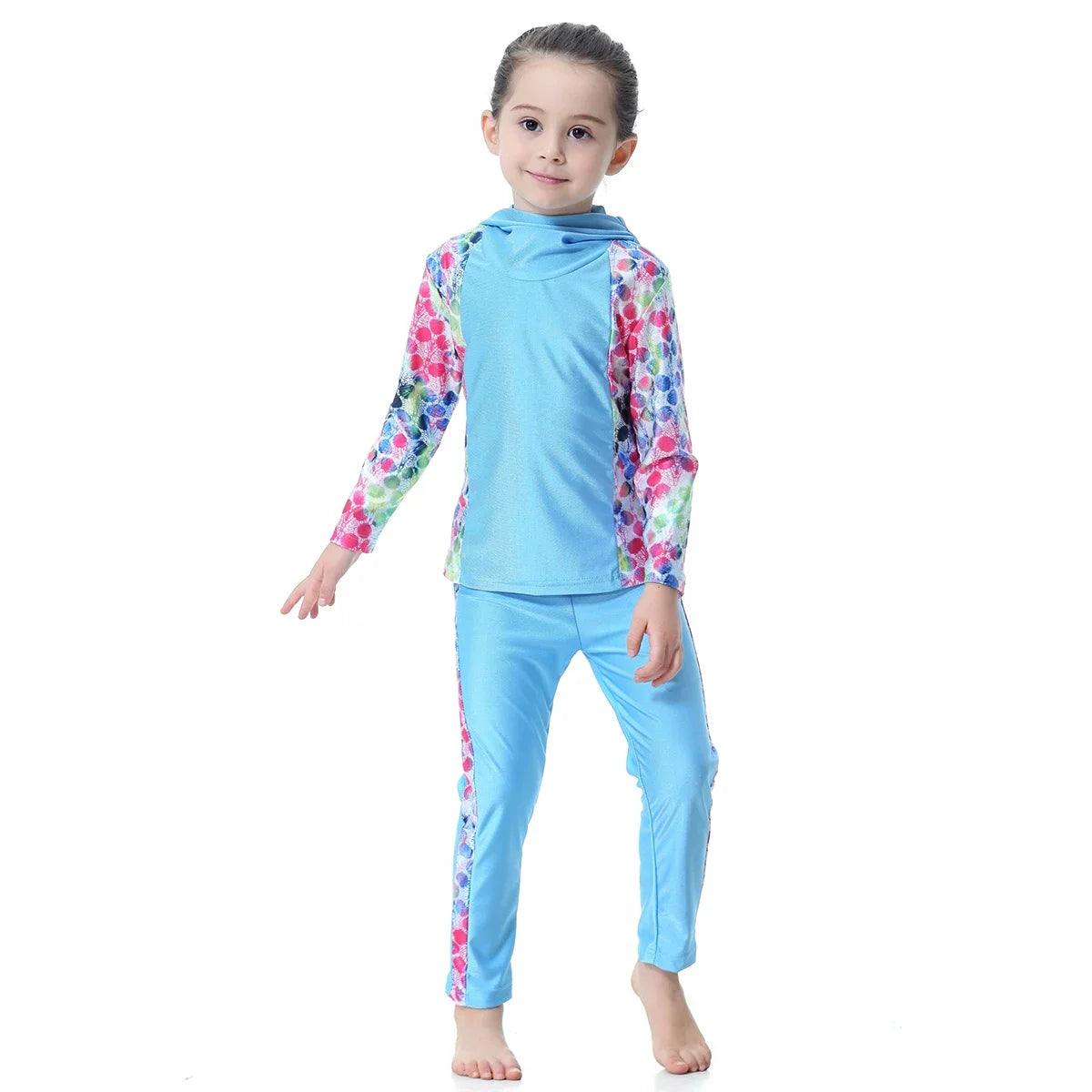 Burkini Muslimischen Mädchen Kinder Bademode Modest 2 stücke Set Badeanzug Mit Kapuze Top Hosen Seite Druck Rosa Grün Blau 80-160 cm