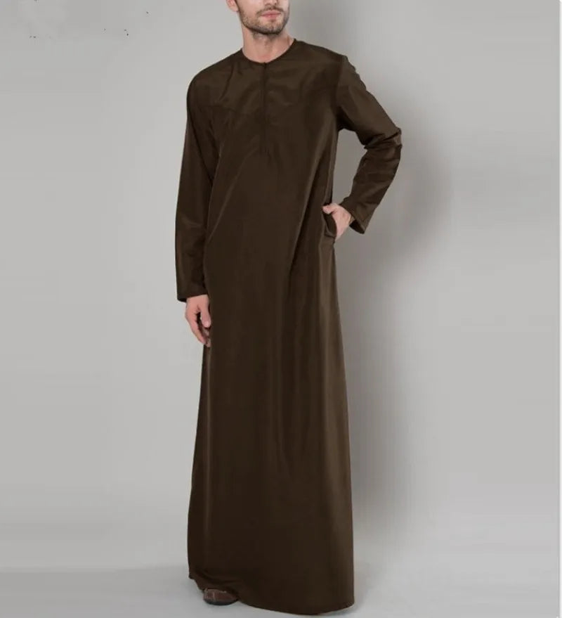 Jalabia Abaya Muslimische Robe für Herren, islamisches lockeres Robe-Reißverschlusshemd, einfarbig, Rundhalsausschnitt