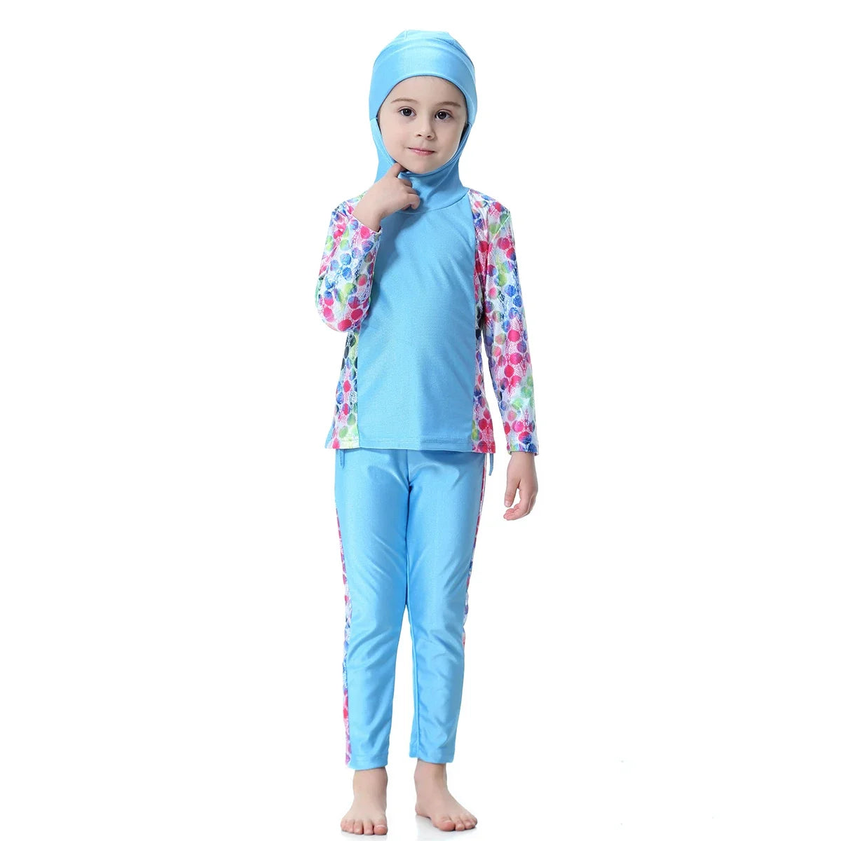Burkini Muslimischen Mädchen Kinder Bademode Modest 2 stücke Set Badeanzug Mit Kapuze Top Hosen Seite Druck Rosa Grün Blau 80-160 cm