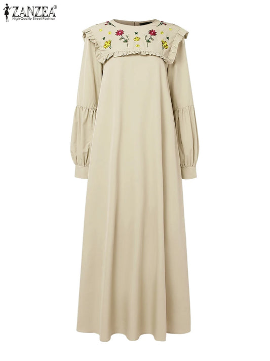 Muslim Hijab O-Ausschnitt Abaya Robe Elegante Rüschenbesatz Langarm Blumenstickerei Maxikleider Frau Bescheidener Stil