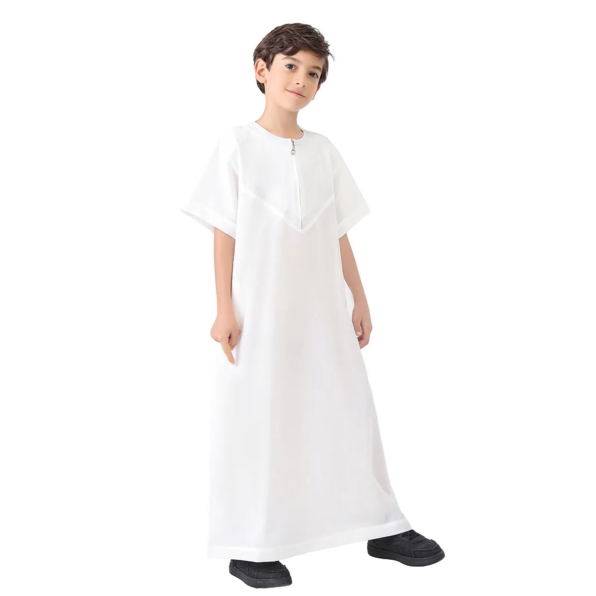 Abaya Junge Thobe Kinderkleid Eid Muslim Lange Robe Reißverschluss Kurzarm  Kaftan