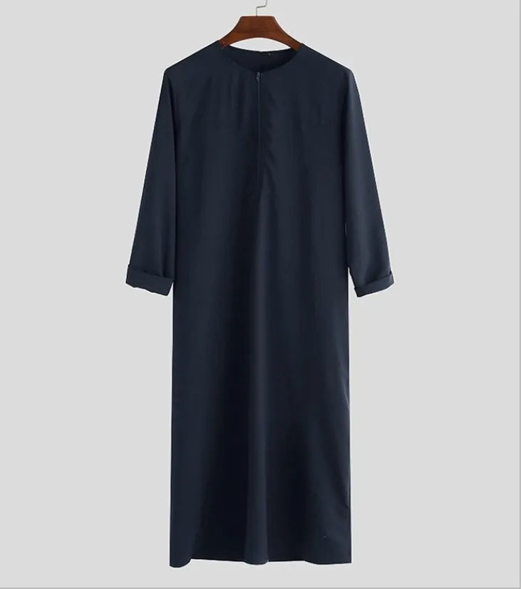 Jalabia Abaya Muslimische Robe für Herren, islamisches lockeres Robe-Reißverschlusshemd, einfarbig, Rundhalsausschnitt