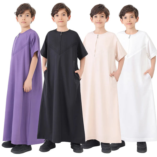 Abaya Junge Thobe Kinderkleid Eid Muslim Lange Robe Reißverschluss Kurzarm  Kaftan