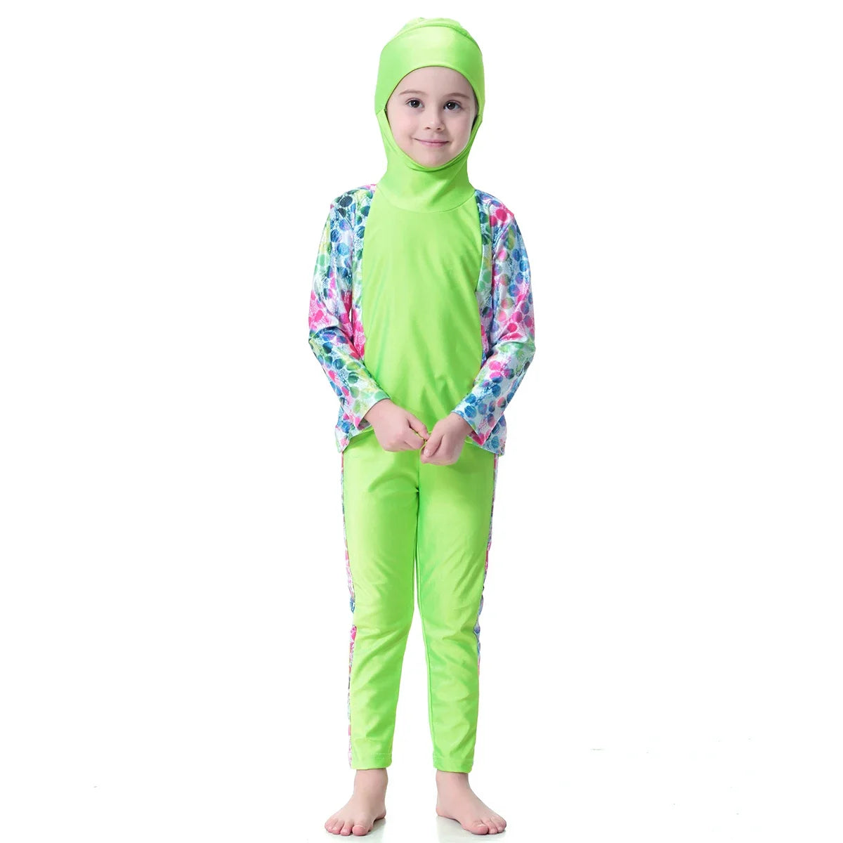 Burkini Muslimischen Mädchen Kinder Bademode Modest 2 stücke Set Badeanzug Mit Kapuze Top Hosen Seite Druck Rosa Grün Blau 80-160 cm