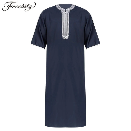 Herren Islamische Abaya Muslim Robe Halbarm Bestickt Locker Atmungsaktiv Lässig Arabisches Kaftan Kleid für Ramadan Tägliche Heimkleidung