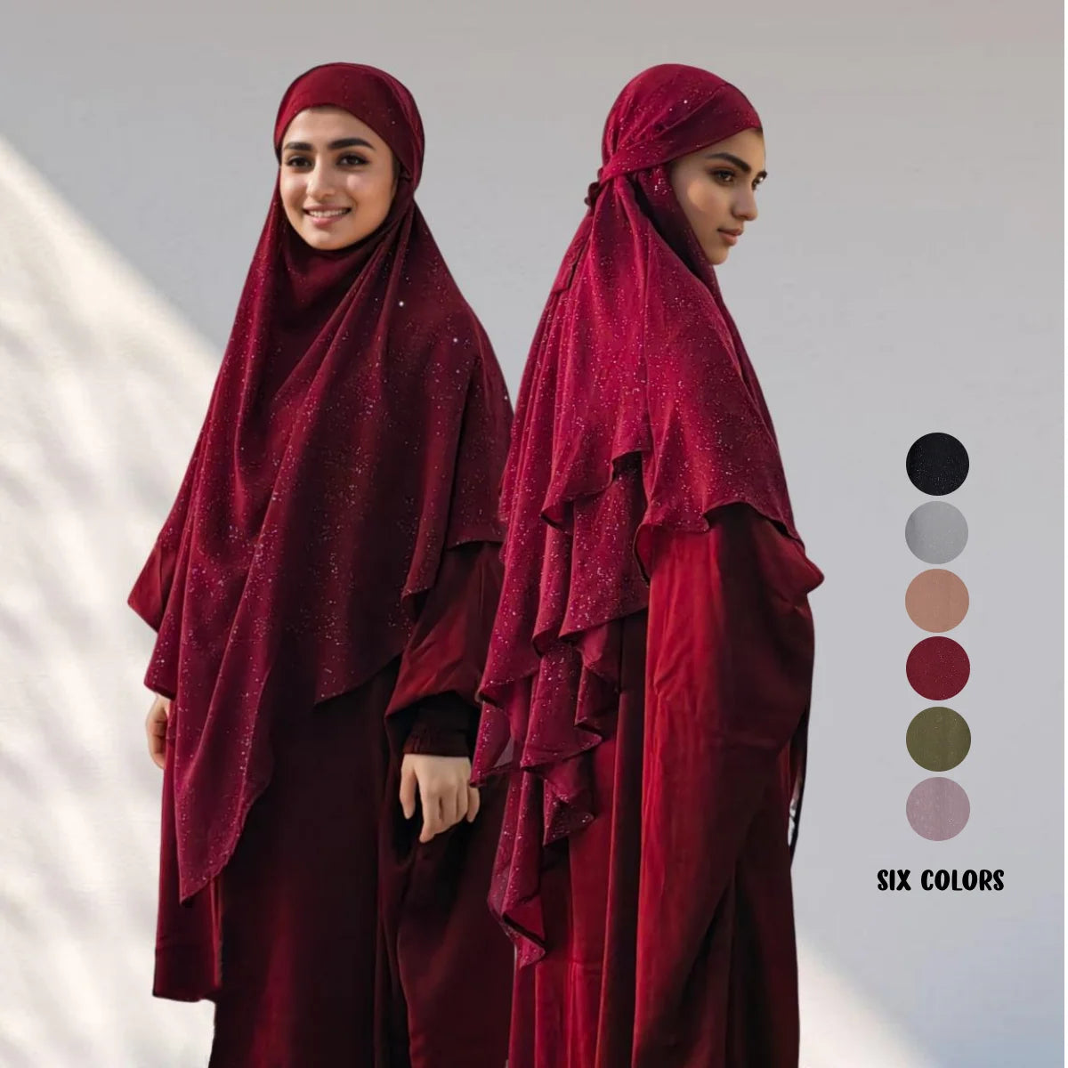 Khimar Neues Design, Glitzer, muslimisches Gebetshijab für Frauen, leichtes Polyester-Tschador, 2 Schichten, fließender Lady Khimar