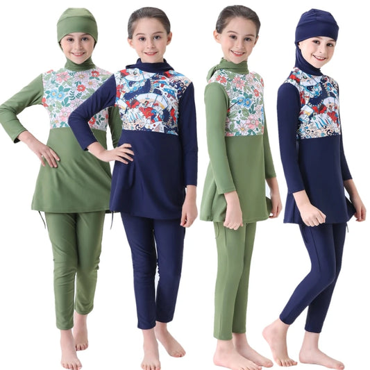 Kinder Bescheidenheit Burkinis Sets Muslimische Kinder Mädchen Kapuzen Hijab Badeanzug Badekostüme Kinder Strandanzug Bademode Zweiteilige Sets