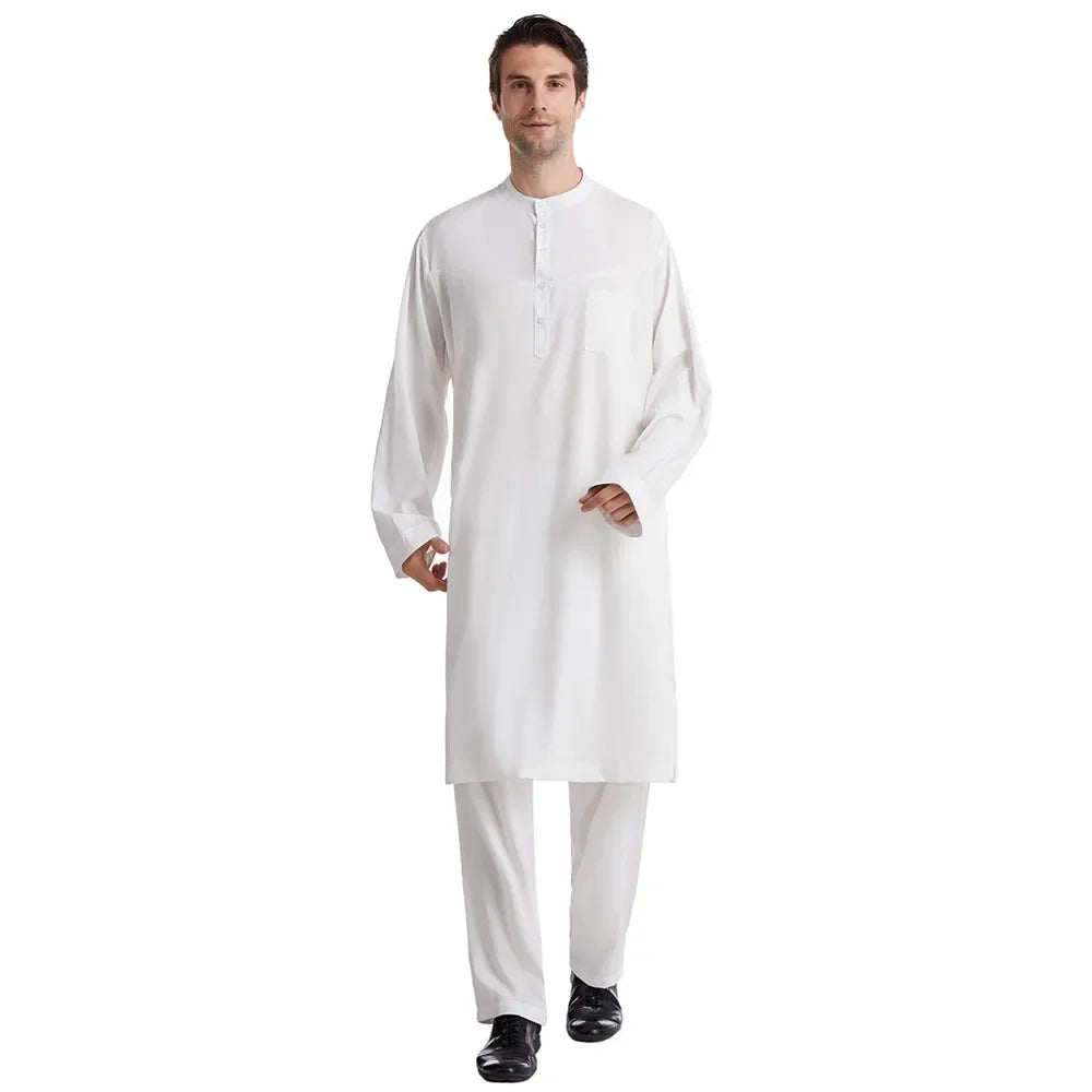 Männer Tops Hosen 2 Stück Set Jubba Thobe Muslim Kleid Islam Kleidung Abaya Kaftan