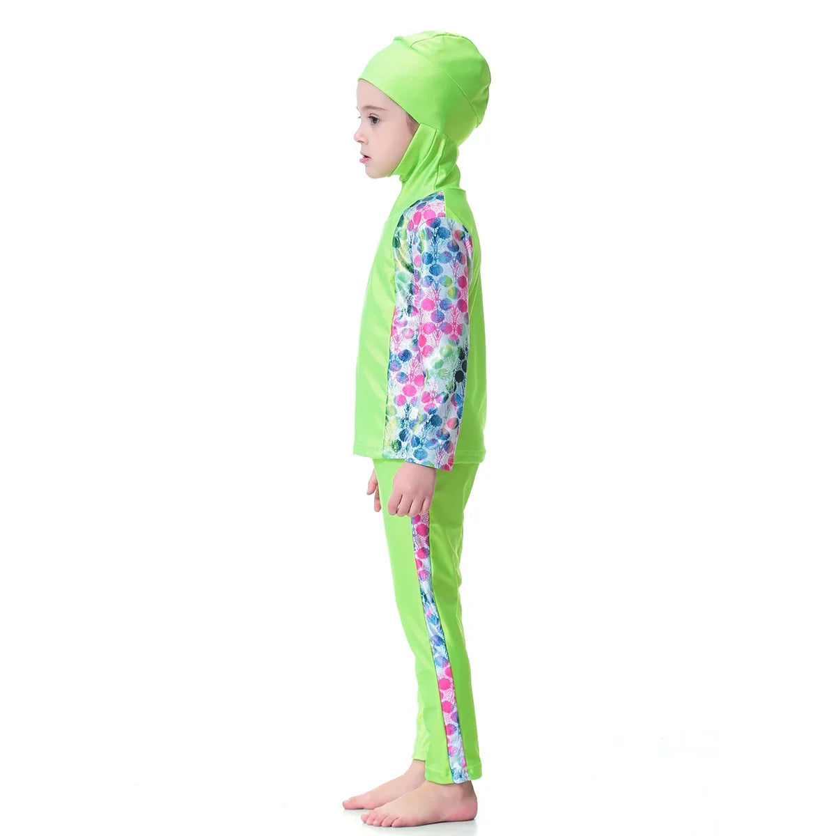 Burkini Muslimischen Mädchen Kinder Bademode Modest 2 stücke Set Badeanzug Mit Kapuze Top Hosen Seite Druck Rosa Grün Blau 80-160 cm