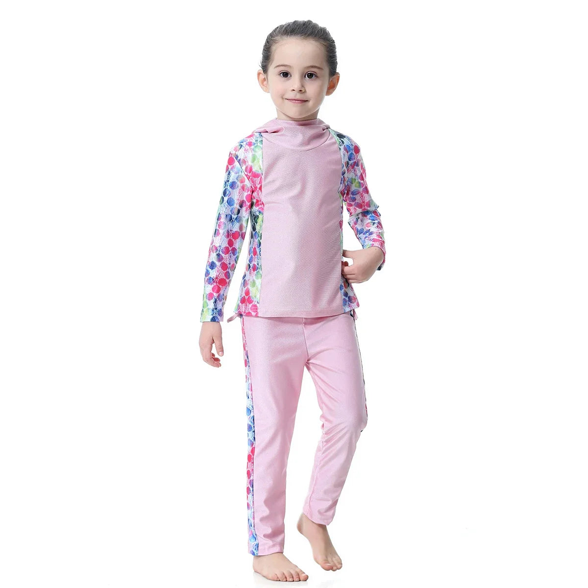 Burkini Muslimischen Mädchen Kinder Bademode Modest 2 stücke Set Badeanzug Mit Kapuze Top Hosen Seite Druck Rosa Grün Blau 80-160 cm