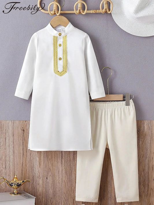 Abaya Kinder Jungen Arabische Muslimische Langarm Kleid mit Hose Islamisches Kaftan Abaya Set