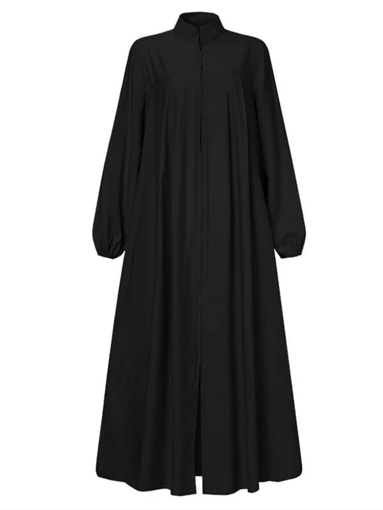 Muslimisches schwarzes Kleid mit kleinem Stehkragen und Reißverschlusstasche im eleganten, lockeren und lässigen Langarmrock