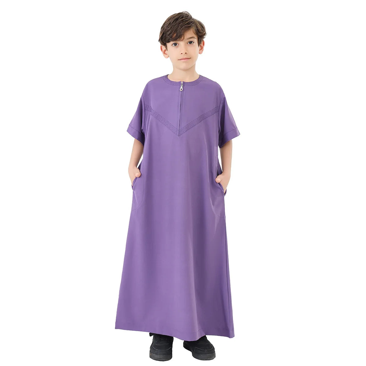 Abaya Junge Thobe Kinderkleid Eid Muslim Lange Robe Reißverschluss Kurzarm  Kaftan