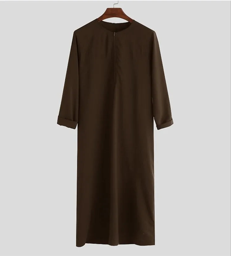 Jalabia Abaya Muslimische Robe für Herren, islamisches lockeres Robe-Reißverschlusshemd, einfarbig, Rundhalsausschnitt