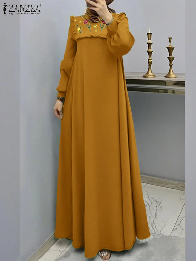 Muslim Hijab O-Ausschnitt Abaya Robe Elegante Rüschenbesatz Langarm Blumenstickerei Maxikleider Frau Bescheidener Stil