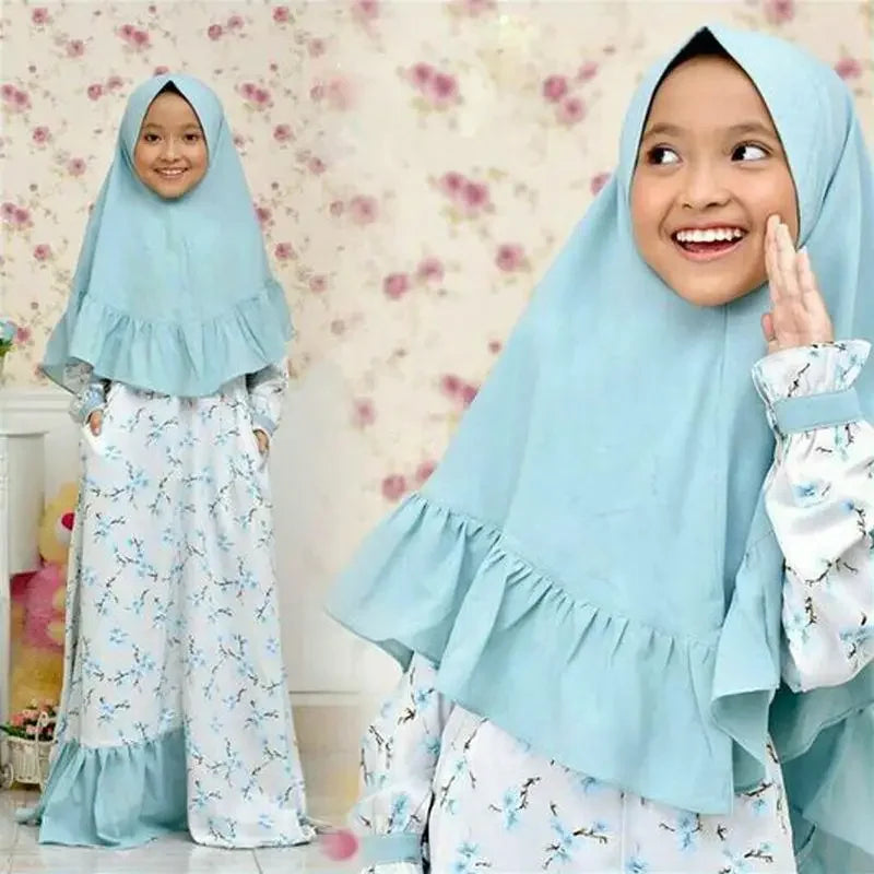 Abaya und Hijab 2teilig für Kinder und Mädchen, muslimisches Blumengebetkleid, Kopftuch, islamisches Gewand,  Khimar-Set