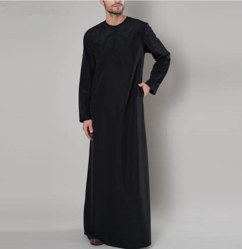 Jalabia Abaya Muslimische Robe für Herren, islamisches lockeres Robe-Reißverschlusshemd, einfarbig, Rundhalsausschnitt