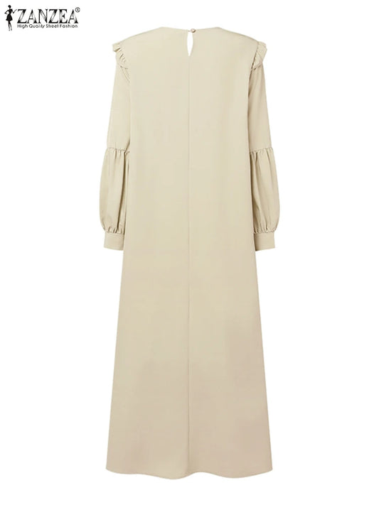 Muslim Hijab O-Ausschnitt Abaya Robe Elegante Rüschenbesatz Langarm Blumenstickerei Maxikleider Frau Bescheidener Stil